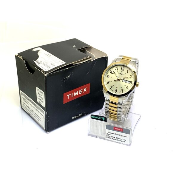 Timex Men's Watch T2M935 Quartz 36mm White Dial Indiglo Two Tone Stretched Band - Picture 3 of 14